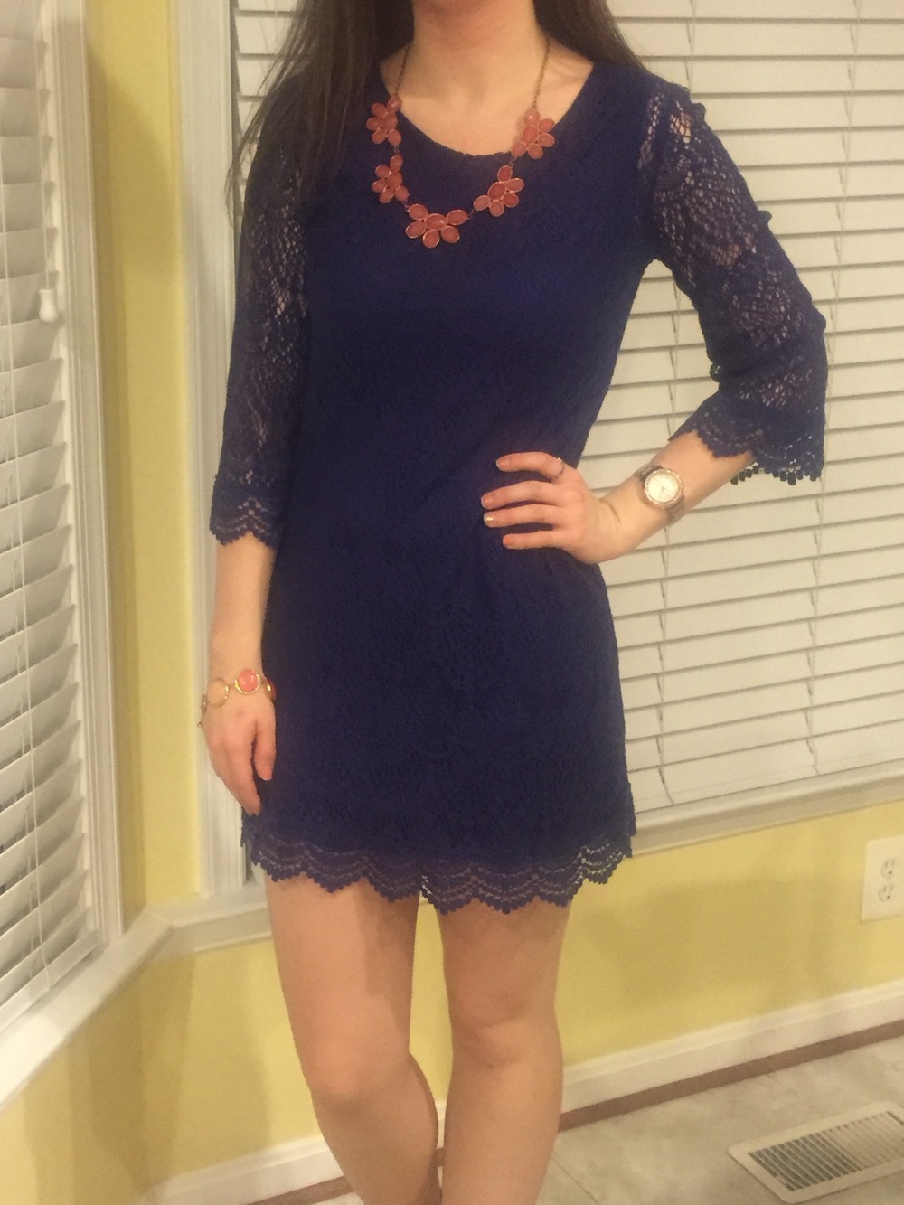 DIVIDED Lace Sleeve Navy Sheath Dress
